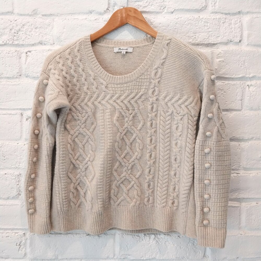 Madewell 100% Merino Wool Sweater Womens XS Beige Cable Knit Fisherman Pullover